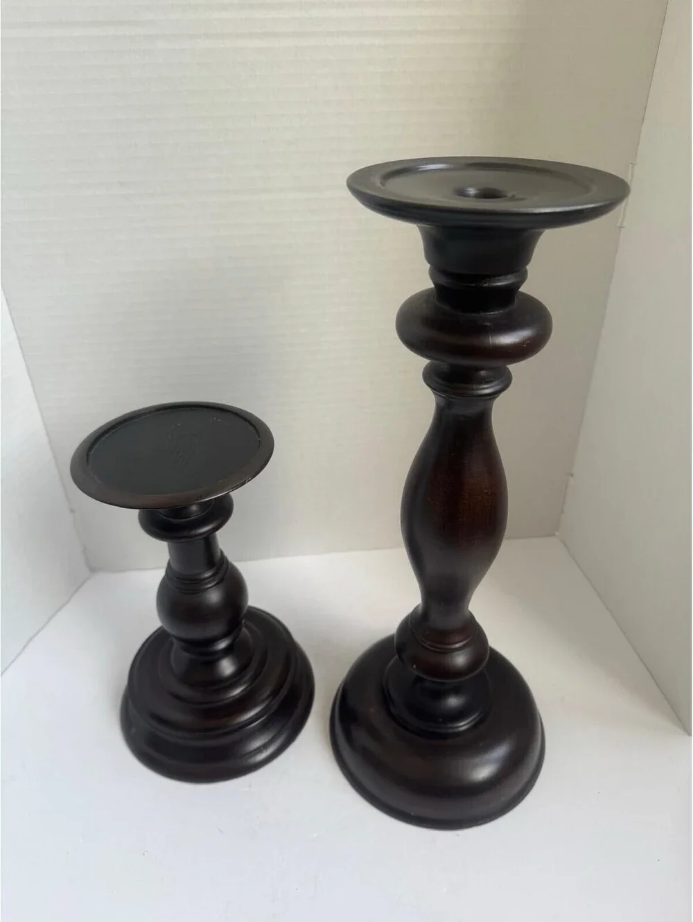 Vintage Pottery Barn Turned Wood Pillar Candle Holders — Espresso Finish